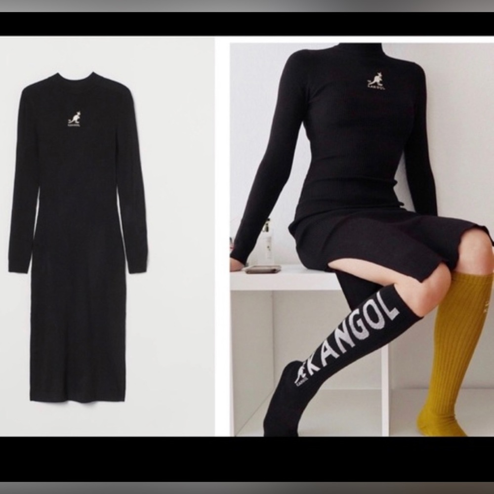 Kangol x H&M long sleeve black dress with side spilts